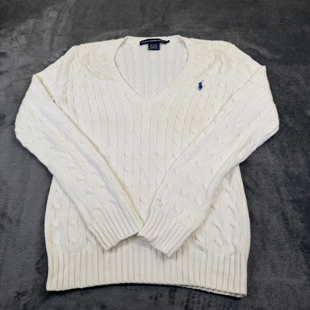 Ralph Lauren Sport Cable Knit Sweater Womens Large White V Neck Cotton - Picture 3 of 9